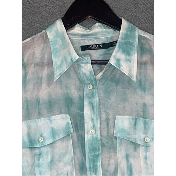 Ralph Lauren Shirt Womens XL Blue Button Up Silk Blend Tie Dye Coastal Resort - Picture 2 of 9